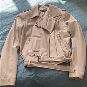 Theory Leather Moto Jacket nude gray taupe size XS